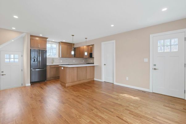 Interior, Kitchen, Pendant Lights, Recessed Lighting, Wood Texture Flooring