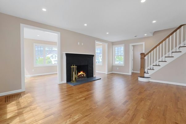 Empty room, Fireplace, Interior, Recessed Lighting, Wood Texture Flooring