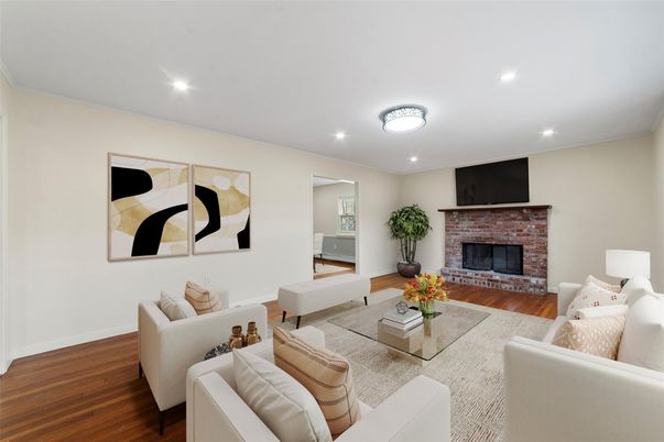Fireplace, Interior, Living room, Recessed Lighting, Wood Texture Flooring