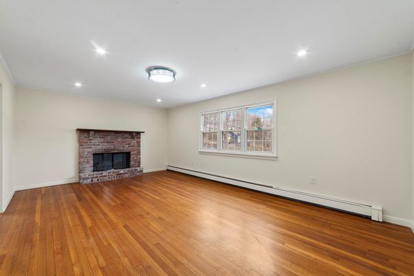 Empty room, Fireplace, Interior, Recessed Lighting, Wood Texture Flooring