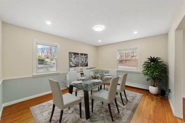 Dining room, Interior, Recessed Lighting, Wood Texture Flooring