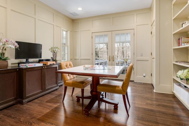 Dining room, Interior, Recessed Lighting, Wood Texture Flooring