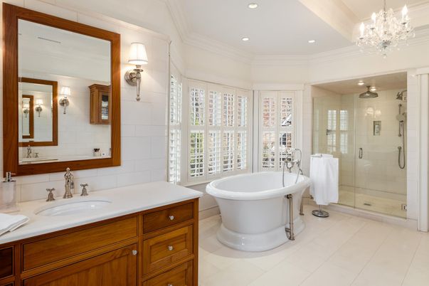 Bathroom, Chandelier, Dual Sink Vanities, Free Standing Baths, Glass Shower, Interior, Recessed Lighting