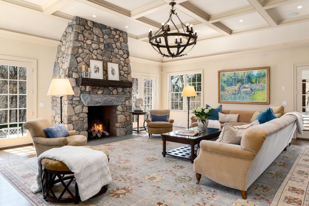 Chandelier, Fireplace, Interior, Living room, Recessed Lighting, Stone Walls