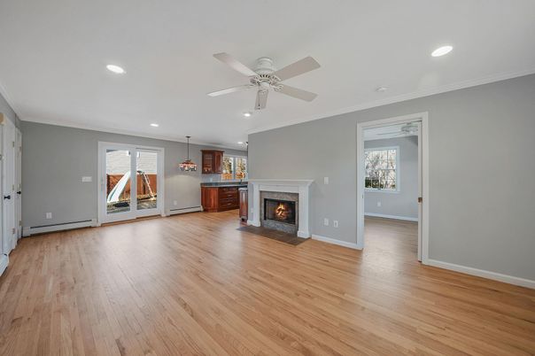Empty room, Fireplace, Interior, Recessed Lighting, Wood Texture Flooring