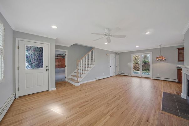 Empty room, Fireplace, Interior, Pendant Lights, Recessed Lighting, Wood Texture Flooring