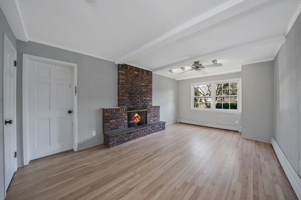 Empty room, Fireplace, Interior, Stone Walls, Wood Texture Flooring