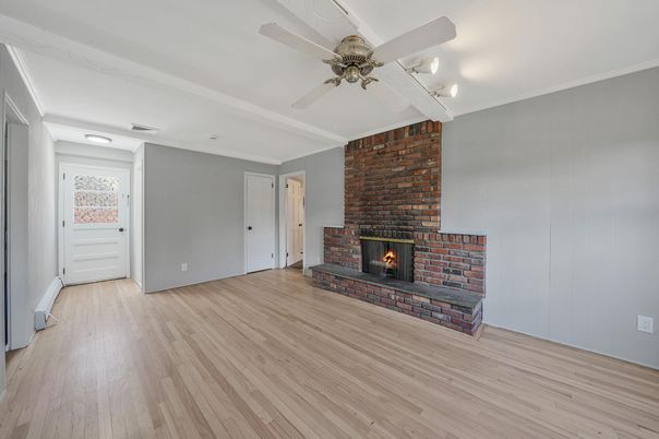 Empty room, Fireplace, Interior, Stone Walls, Wood Texture Flooring