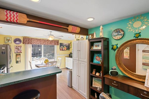 Dining room, Interior, Recessed Lighting, Wood Texture Flooring