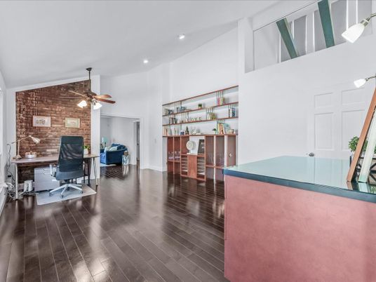 Home Office, Interior, Recessed Lighting, Stone Walls, Wood Texture Flooring