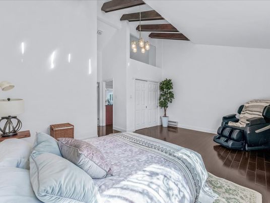 Bedroom, Interior, Pendant Lights, Wooden Beams, Wood Texture Flooring