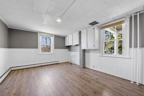 Empty room, Interior, Kitchen, Recessed Lighting, Wood Texture Flooring