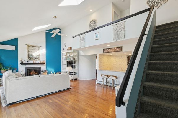 Fireplace, Interior, Living room, Recessed Lighting, Wood Texture Flooring
