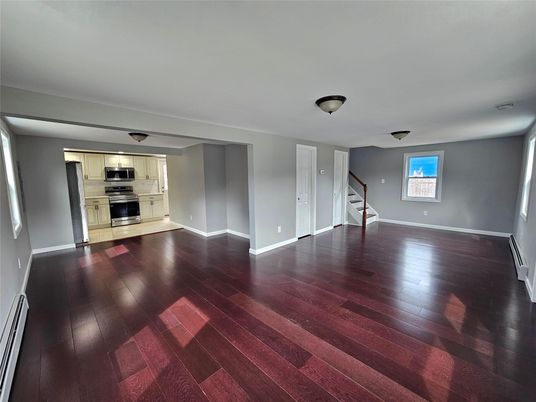 Empty room, Interior, Kitchen, Stainless Steel Appliances, Wood Texture Flooring