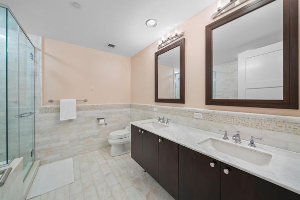 Bathroom, Dual Sink Vanities, Glass Shower, Interior, Recessed Lighting