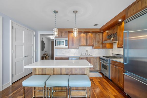 Interior, Kitchen, Pendant Lights, Recessed Lighting, Stainless Steel Appliances, Wood Texture Flooring