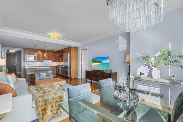 Chandelier, Dining room, Interior, Kitchen, Stainless Steel Appliances, Wood Texture Flooring