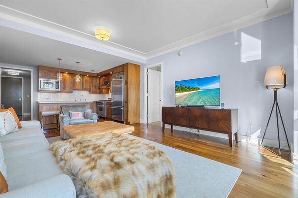 Bedroom, Interior, Kitchen, Living room, Pendant Lights, Stainless Steel Appliances, Wood Texture Flooring