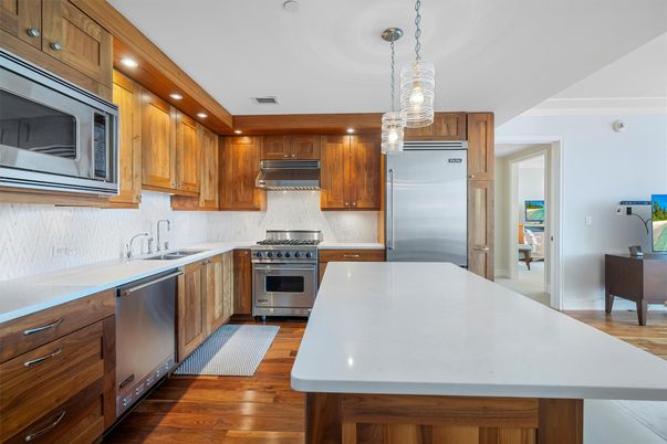 Interior, Kitchen, Pendant Lights, Recessed Lighting, Stainless Steel Appliances, Wood Texture Flooring