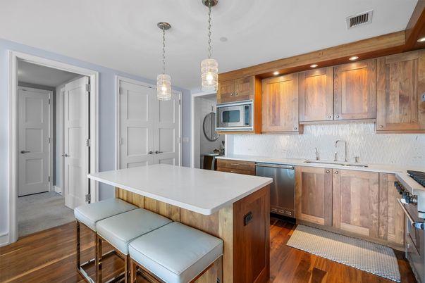 Interior, Kitchen, Pendant Lights, Recessed Lighting, Stainless Steel Appliances, Wood Texture Flooring