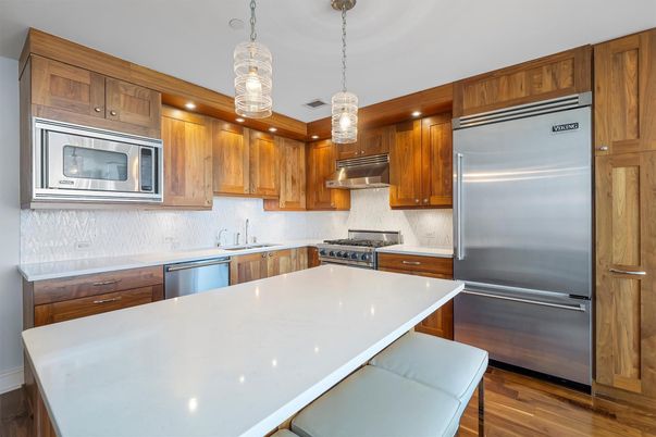 Interior, Kitchen, Pendant Lights, Recessed Lighting, Stainless Steel Appliances, Wood Texture Flooring