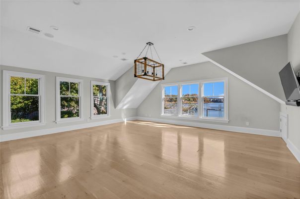 Empty room, Interior, Pendant Lights, Recessed Lighting, Wood Texture Flooring