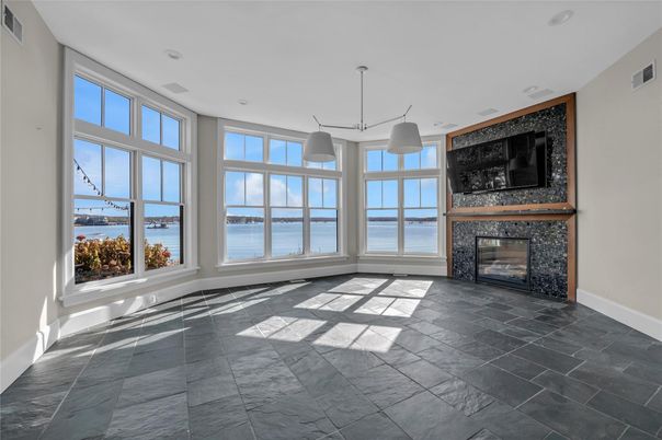 Empty room, Fireplace, Interior, Pendant Lights, Water
