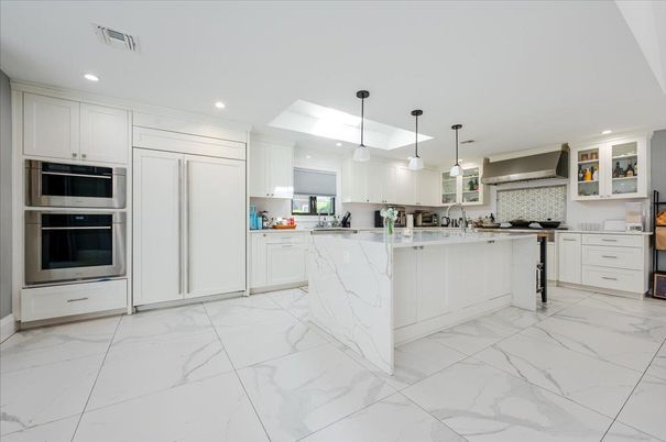 Interior, Kitchen, Marble, Pendant Lights, Recessed Lighting, Stainless Steel Appliances