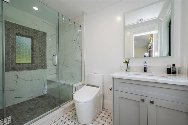 Bathroom, Glass Shower, Interior, Marble Walls, Recessed Lighting