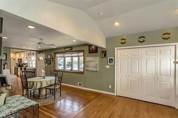 Dining room, Interior, Kitchen, Recessed Lighting, Wood Texture Flooring