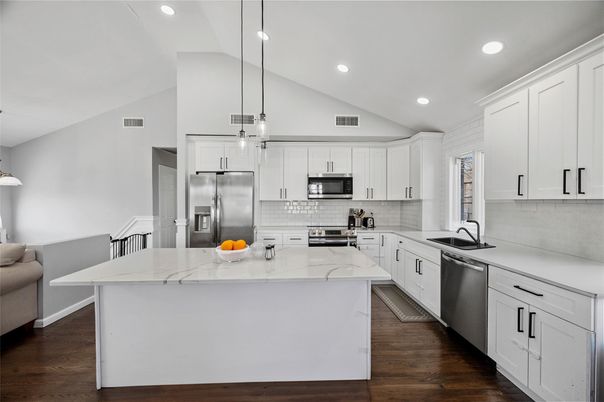 Interior, Kitchen, Pendant Lights, Recessed Lighting, Stainless Steel Appliances, Wood Texture Flooring