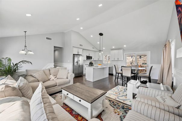 Dining room, Interior, Kitchen, Living room, Pendant Lights, Recessed Lighting, Stainless Steel Appliances, Wood Texture Flooring