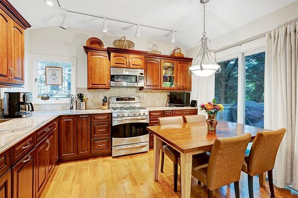 Interior, Kitchen, Pendant Lights, Stainless Steel Appliances, Wood Texture Flooring