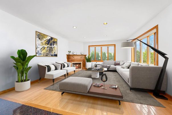 Fireplace, Interior, Living room, Recessed Lighting, Wood Texture Flooring