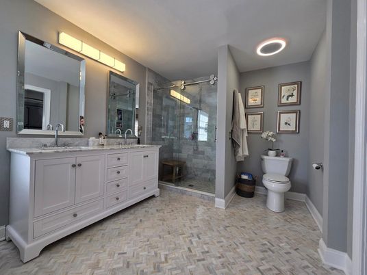 Bathroom, Dual Sink Vanities, Glass Shower, Interior, Recessed Lighting