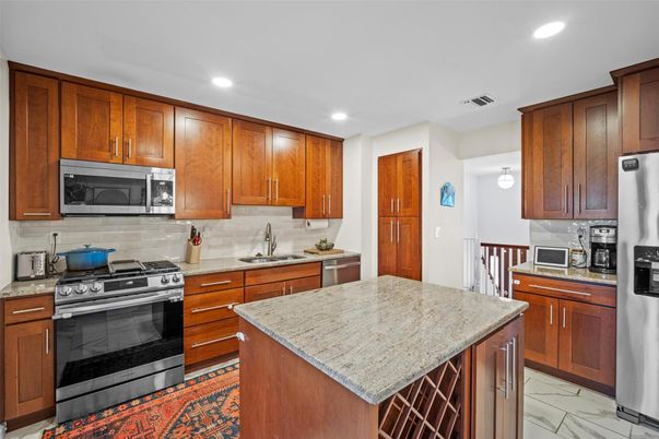 Interior, Kitchen, Marble, Recessed Lighting, Stainless Steel Appliances