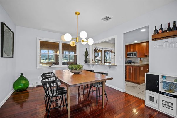 Dining room, Interior, Kitchen, Pendant Lights, Recessed Lighting, Wood Texture Flooring