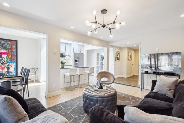 Dining room, Interior, Kitchen, Living room, Pendant Lights, Recessed Lighting, Stainless Steel Appliances, Wood Texture Flooring