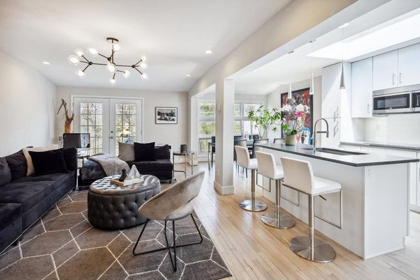 Interior, Kitchen, Living room, Pendant Lights, Recessed Lighting, Stainless Steel Appliances, Wood Texture Flooring