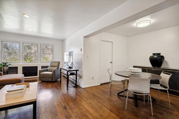 Dining room, Interior, Living room, Recessed Lighting, Wood Texture Flooring