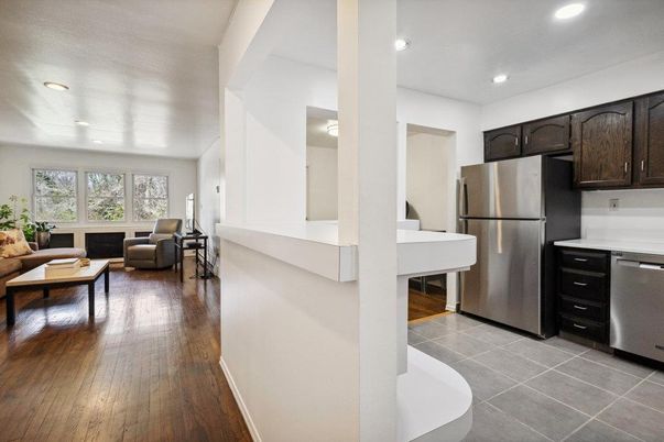 Interior, Kitchen, Living room, Recessed Lighting, Stainless Steel Appliances, Wood Texture Flooring