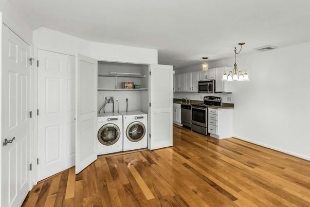 Interior, Kitchen, Pendant Lights, Utility Closets, Washer, Wood Texture Flooring