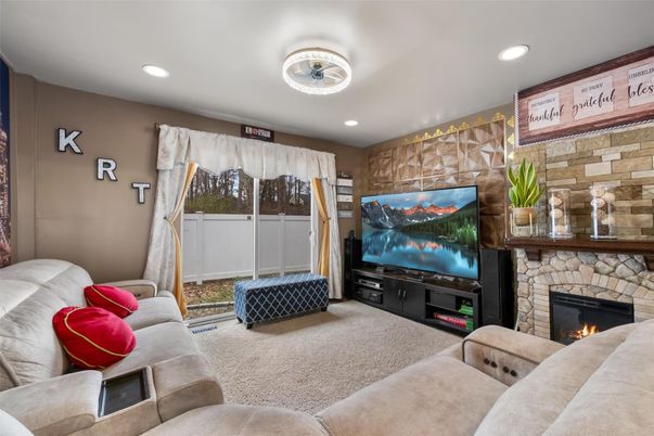 Fireplace, Interior, Living room, Recessed Lighting, Stone Walls