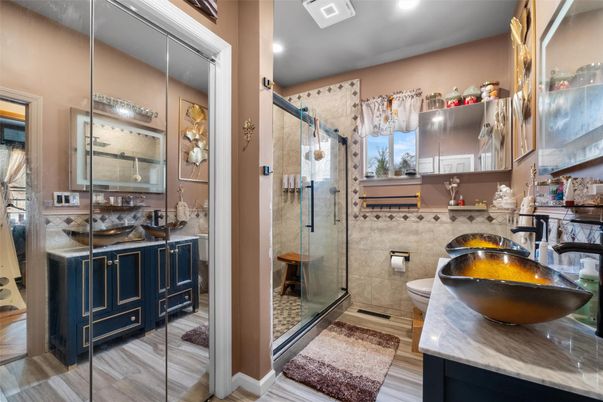 Bathroom, Glass Shower, Interior, Recessed Lighting, Wood Texture Flooring
