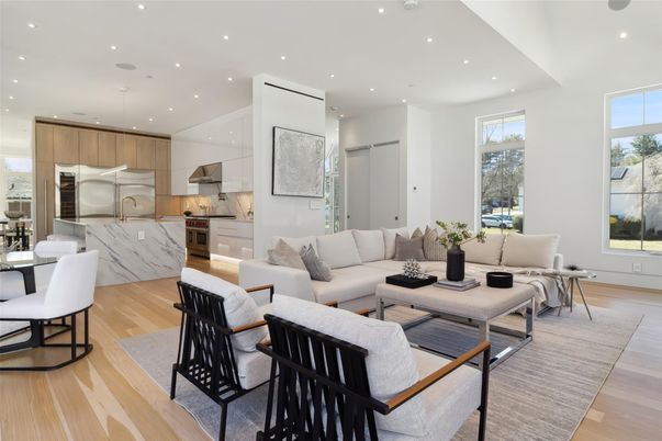 Dining room, Interior, Kitchen, Living room, Recessed Lighting, Stainless Steel Appliances, Wood Texture Flooring