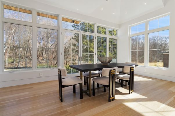 Dining room, Interior, Recessed Lighting, Wood Texture Flooring