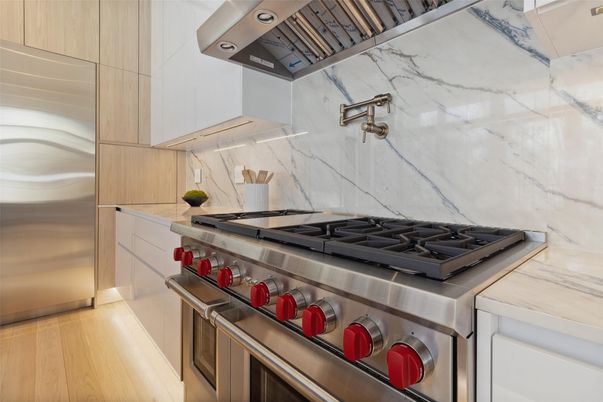 Interior, Kitchen, Marble Walls, Stainless Steel Appliances, Wood Texture Flooring