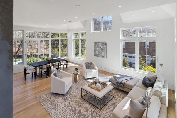 Dining room, Interior, Living room, Recessed Lighting, Wood Texture Flooring