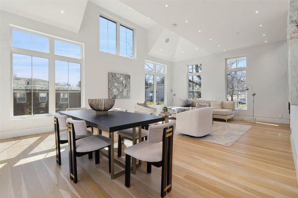 Dining room, Interior, Living room, Recessed Lighting, Wood Texture Flooring