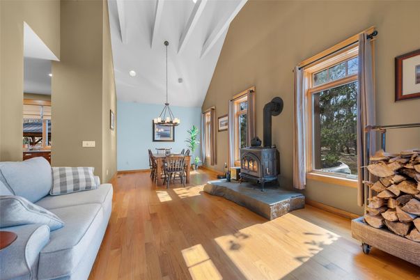 Chandelier, Dining room, Fireplace, Interior, Pendant Lights, Recessed Lighting, Wood Texture Flooring